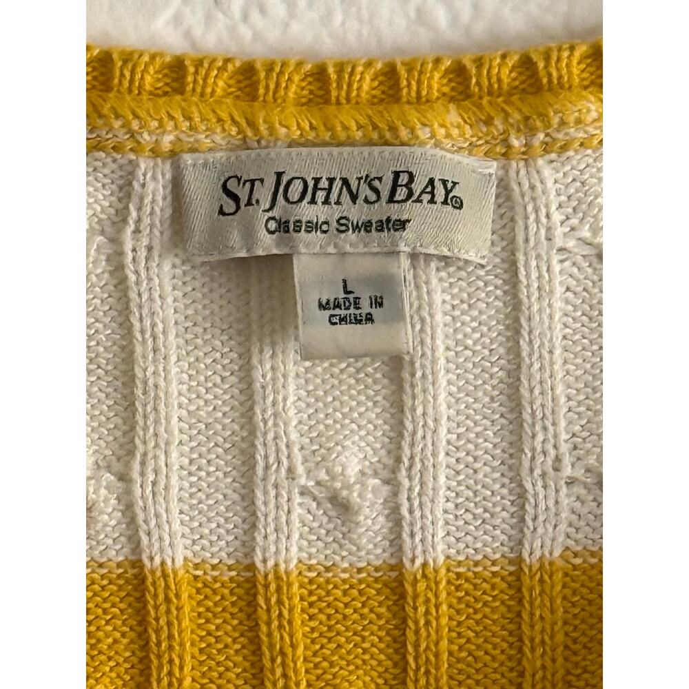 St. John's Bay Yellow Cream Stripe V-Neck Classic Cable Knit Sweater Size Large - Picture 4 of 5